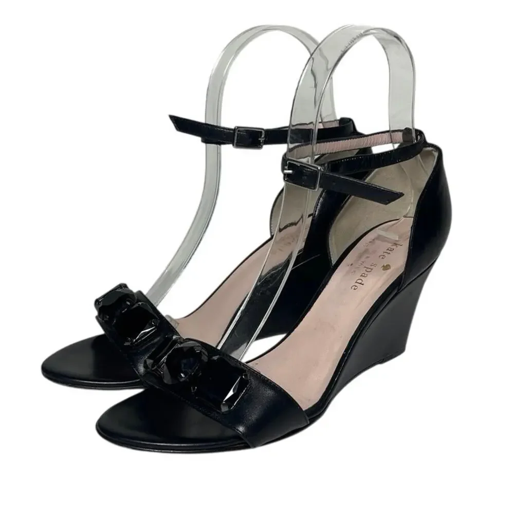 KATE SPADE Women’s Black Leather Bejeweled Ankle Strap Wedge Shoes